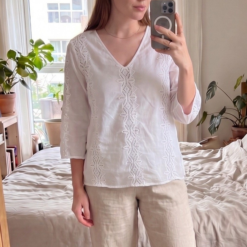 Midnight Velvet Womens Eyelet Blouse Large White Lace Cotton Boho Coastal Resort